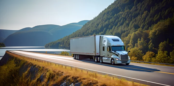 Semi-truck driving on mountain highway alongside a lake